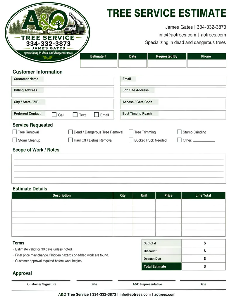 A&O estimate sheet
